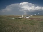 DuoTunderstormOCGP.jpg - <p>Duo Discus and thunderstorm at Owl Canyon Gliderport</p>